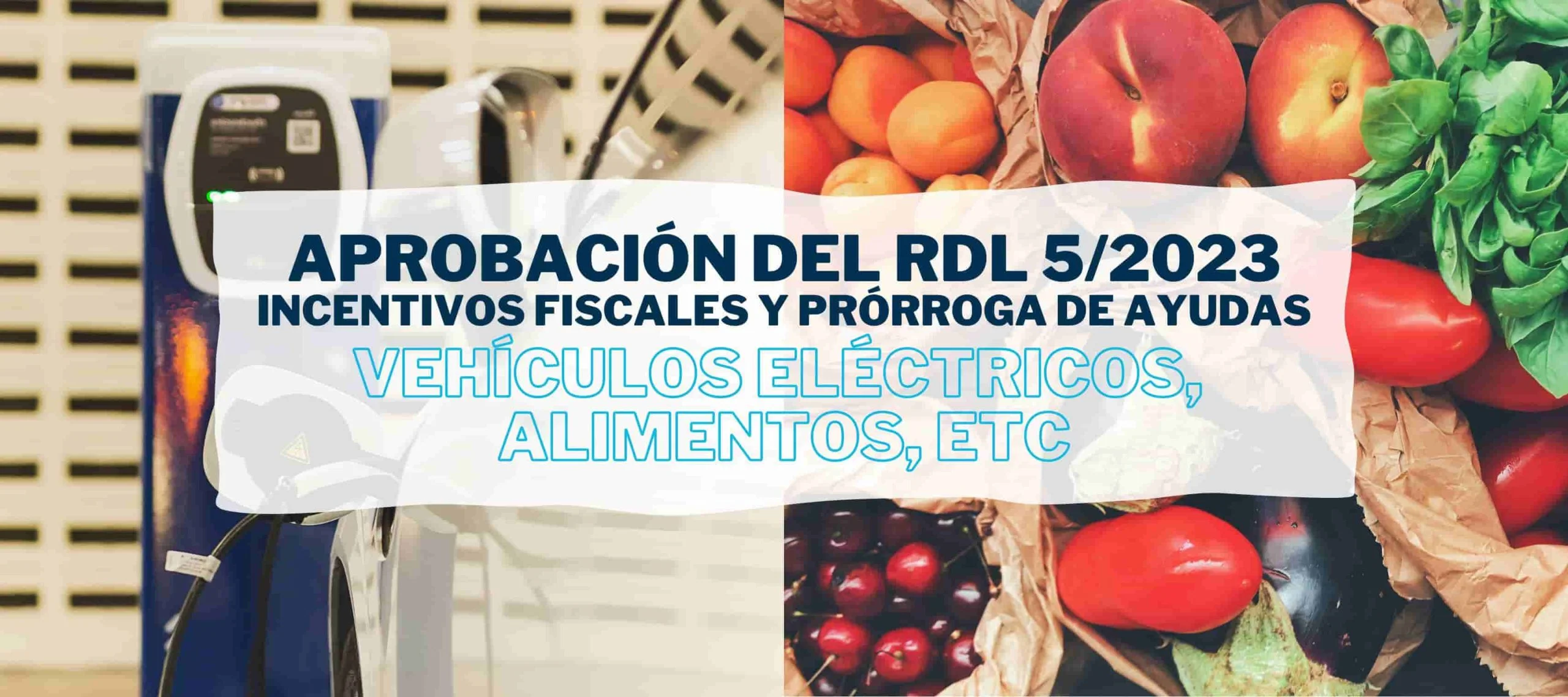 Montaje de dos imágenes en la que se ven un coche eléctrico cargándose y alimentos con la ayuda del IVA reducido para hablar del RDL 5/2023 en Iniciativa Fiscal.